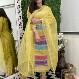 GoSriKi Floral Embroidered Round Neck Sequinned Straight Kurta With Trousers & Dupatta-56