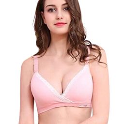 MOMISY Maternity Nursing Wire Free Cotton Breastfeeding Bra with Lace - Pink-picture-0
