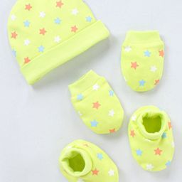 Babyhug 100% Cotton Cap Mittens & Booties Stars Print- Green-image-89
