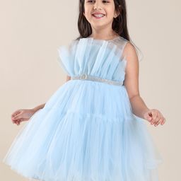 Babyhug Sleeveless Solid Color Mesh Party Frock - Light Blue-image-2