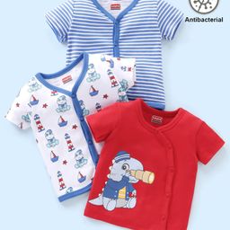 Babyhug 100% Cotton Antibacterial Half Sleeves Vests Dino Print Pack of 3 - Blue & Red-picture-17