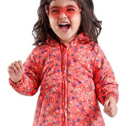 Babyhug Full Sleeves Hooded & Padded Jacket Floral Print- Coral-image-58