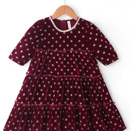 Babyhug Woven Threefourth Sleeve Ethnic Dress With Velvet Foil Print - Maroon-picture-30