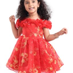 Mark & Mia Sleeveless Party Frock With Floral Embroidery - Red-image-12