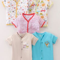 OHMS Single Jersey Knit Half Sleeves Set of Vests Line & Animal Print Pack of 5 - Multicolour-picture-11