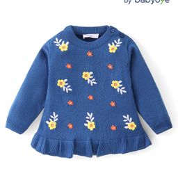 Babyoye Knitted Full Sleeves Pullover Sweater with Floral Embroidery - Navy Blue-image-81