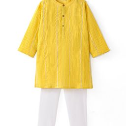 Babyhug Woven  Full Sleeves Pintucked Kurta with Gotta Patti Emblishment & Pyjama Set- Yellow-image-3