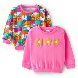Babyhug Cotton Knit Full Sleeves Sweatshirts with Kitty & Floral Print Pack of 2 - Pink-image-64