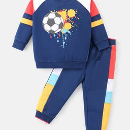 Babyhug Cotton Knit Raglan Sleeves T-Shirt & Lounge Pants Set With Football Print - Navy-image-85