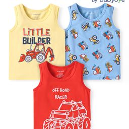 Babyoye Cotton Elastane Knit Sleeveless Vests with Vehicle & Text Print Pack Of 3 - Red Blue & Yellow-picture-18