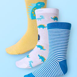 Cute Walk by Babyhug Cotton Lycra Knit Anti-bacterial Socks Strips & Dinosaur Design Pack of 3 - Yellow White & Blue-picture-28