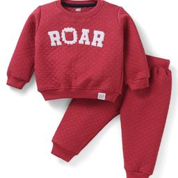 Simply Knit Full Sleeves Text Printed Winter Wear T-Shirt & Lounge Pant Set - Red-image-60
