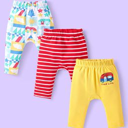 Babyhug Cotton Knit Full Length Diaper Leggings With Stripes & Vehicle Print Pack Of 3 - Red & Yellow-image-73