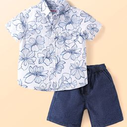 Babyhug Cotton Woven Half Sleeves Shirt & Denim Shorts Set with Floral Print - Navy Blue & White-image-26