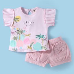 ToffyHouse Cotton Knit Half Frill Sleeves Top & Shorts Set with Bow Applique & Jungle Theme Print - Pink-image-14