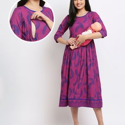 True Shape Three Fourth Sleeves Abstract Printed Flared Maternity Kurta With Concealed Zipper Nursing Access - Purple-14
