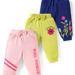 Doodle Poodle Single Jersey Knit Full Length Floral & Text Printed Lounge Pants Pack of 3 - Navy Blue Pink & Lime Green-image-96