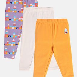 MINI KLUB Cotton Pack Of 3 Solid & Building Blocks Printed Leggings - Beige Purple & Orange-image-96