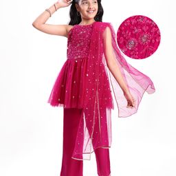 Pine Kids Woven Sleeveless Floral Embroidered Kurti Salwar Set with Dupatta & Sequin Detailing - Dark Pink-image-45