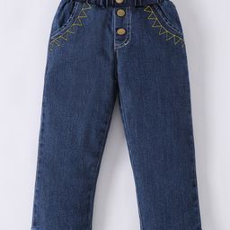Mark & Mia Cotton Full Length Jeans with Embroidery & Paper Bag Waist - Navy Blue-image-86
