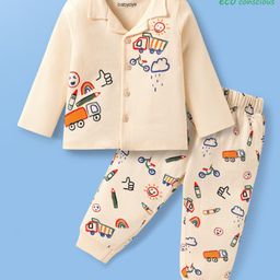 Babyoye Single Jersey Knit Full Sleeves Night Suit With Vehicle Print - Cream-image-29