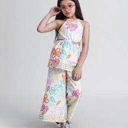 Taffykids 100% Cotton Sleeveless Floral Printed Top & Palazzo Coordinating Set - Multi Colour-image-19