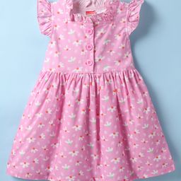 Twetoons Cotton Knit Frill Sleeves Frock With Floral Print - Pink-image-50