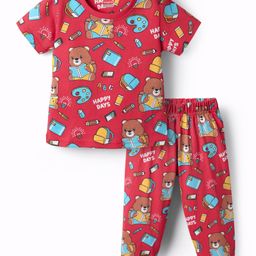Babyhug Cotton Knit Half Sleeves Co-ords Night Suit With Bear Print - Red-image-87