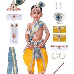 RAJ FANCY DRESSES Krishna Theme Costume With Accessories Set - Yellow & Ferozi Blue-image-20