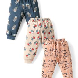 CUCUMBER Cotton Knit Full Length Leggings With Sport Theme Print Pack Of 3 - Peach & Navy Blue-image-60