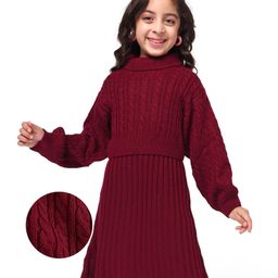Hola Bonita Knitted Full Sleeves Cable Knit Double Layer Turtle Neck Sweater Dress - Wine-picture-15