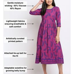 True Shape Three Fourth Sleeves Abstract Printed Flared Maternity Kurta With Concealed Zipper Nursing Access - Purple image 3
