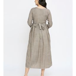 Dummy Shape Three Fourth Sleeves Striped Maternity Flared Kurta With Nursing Access & Abstract Embroidered Attached Belt - Brown image 5