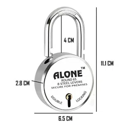 ALONE LOCKS Round 65 mm Steel Chrome 8 Same Keys Double Locking Padlock (Pack of 5) image 3