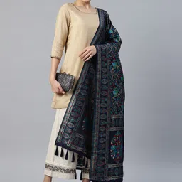 Silk Land Embroidered Pure Cotton Kalamkari Dupatta with Thread Work-56