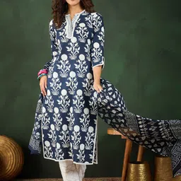Vastramyaa Women Floral Printed Regular Thread Work Pure Cotton Kurta with Trousers & With Dupatta-picture-31