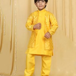 AJ Dezines Full Sleeve Sequins Checked Design Embellished Mirror Work Embroidered Indo Western Kurta Set - Mustard Yellow-image-2