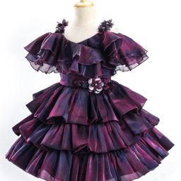 Bluebell Cold Shoulder Sleeves Solid Layered Party Frock With Floral Corsage- Purple-image-13