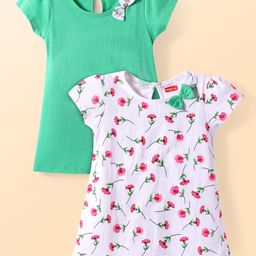 Babyhug Cotton Knit Half Sleeves Frocks With Floral Print Pack of 2 - White & Green-image-51