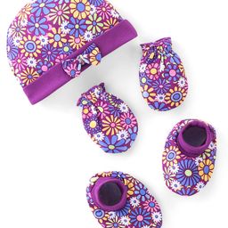Babyhug 100% Cotton Knit Cap Mittens & Booties Set Floral Print - Purple-image-64