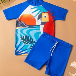 Baby Moo Raglan Half Sleeves Beach Theme Red Parrot Printed Tee With Shorts - Blue-image-59