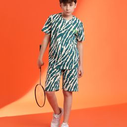 Lil Tomatoes Cotton Half Sleeves Zebra Printed Tee & Shorts Set - Teal-picture-32