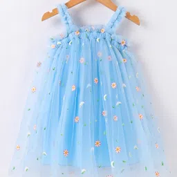 Kookie Kids Singlet Sleeves A Line Party Frock with Floral Embroidery - Blue-picture-2