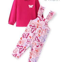 Babyoye 100% Cotton Interlock with Eco Jiva Finish Knit Full Sleeves Tee with Butterfly Printed Dungaree - Pink-image-4