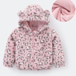 Kookie Kids Full Sleeves Front Open Hooded Fur Jacket with Cheetah Print Design & Ears Applique - Pink-image-89