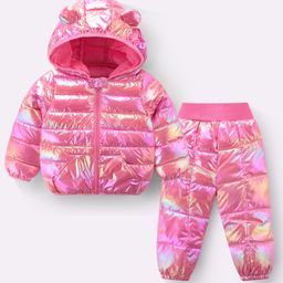 Kookie Kids Full Sleeves Hooded Front Zipper Holographic Winter Wear Suit - Dark Pink-image-84