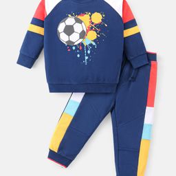 Babyhug Cotton Knit Raglan Sleeves T-Shirt & Lounge Pants Set With Football Print - Navy-image-90