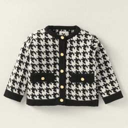 Yellow Apple Knit Full Sleeves Checkered Front Open Sweater - Black-image-40