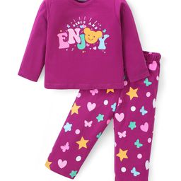 Babyhug Cotton Knit Full Sleeves Night Suit with Text & Heart Print - Violet-image-23