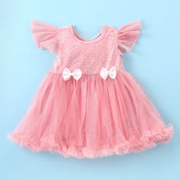 Mark & Mia Frill Sleeves Glitter Printed Party Frock Style Onesie with Sequin Detailing & Bow Applique - Light Pink-image-27